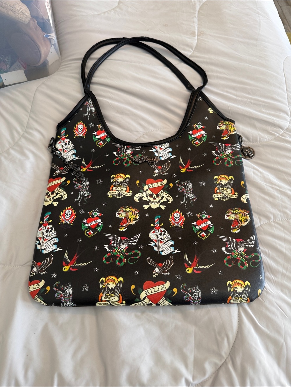 Ed Hardy Black Shoulder Bag with Multicolor Tattoo Print